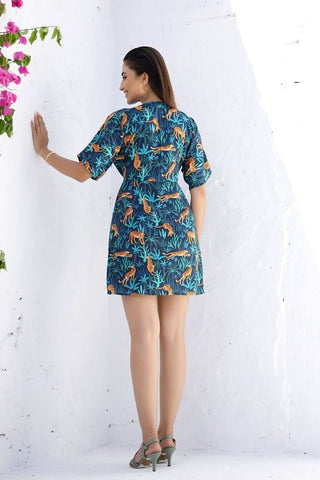 LUCILE - Blue tiger print dress (Final Sale) - Alter Ego India