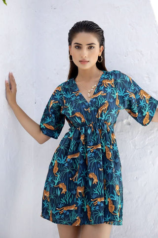 LUCILE - Blue tiger print dress (Final Sale) - Alter Ego India